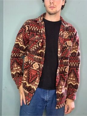 Men's Aztec Fleece Shirt Jacket - Red & Brown